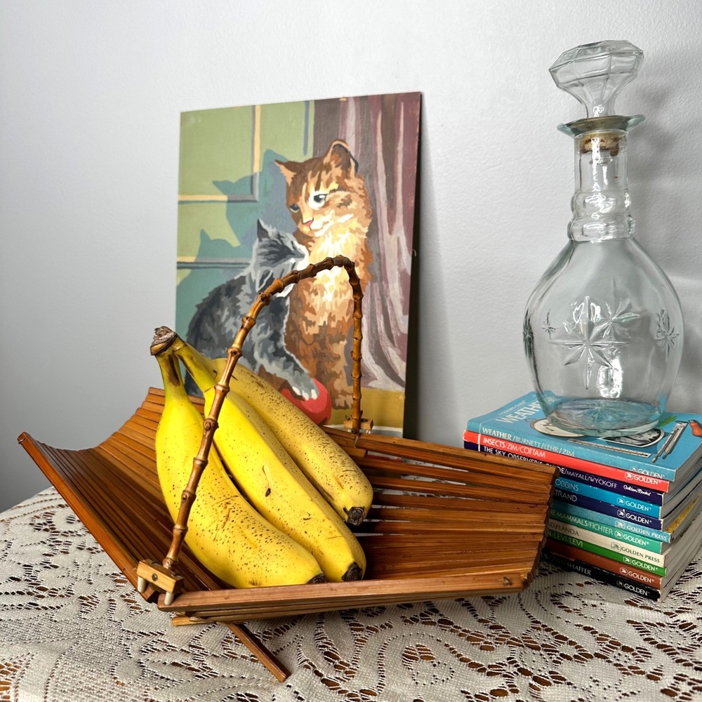 Vintage MCM Folding Bamboo Slat Basket Bamboo Handle Boho Tiki Fruit Bowl